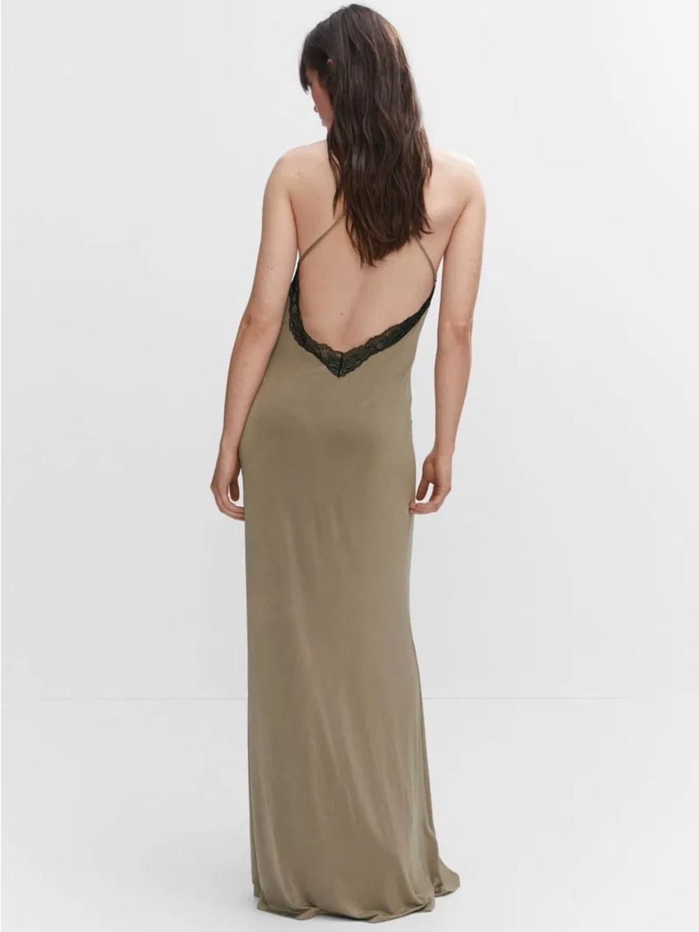 Mango S mng 4 Slip Maxi Dress long Lace Trim - Olive